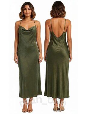 Sincerely Jules Olive Green Draped Neck Spaghetti Strap Slip Dress Size Large